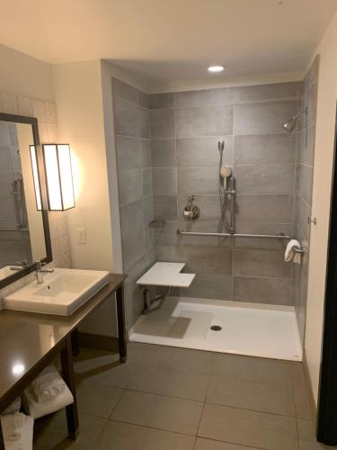 a bathroom with a shower and a sink and a tub at Country Inn & Suites by Radisson, Smithfield-Selma, NC in Smithfield