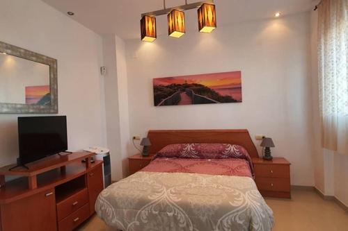 1 dormitorio con 1 cama y TV de pantalla plana en Sherry house, en Jerez de la Frontera