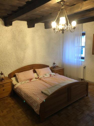a bedroom with a bed and a chandelier at Ferienhaus Karin in Schönabrunn