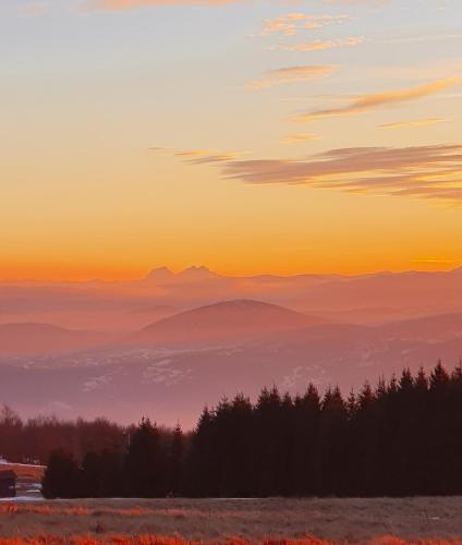 a sunset over the mountains with trees in the foreground at Home Belić Golija in Radaljica