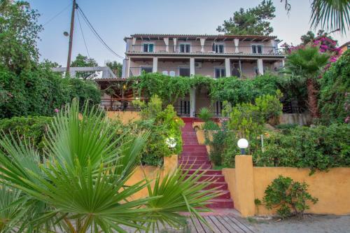 a house with a bunch of plants in front of it at Aggelika Apartments in Lithakia