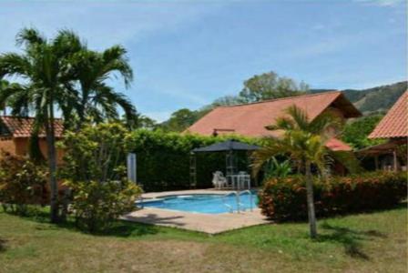 a house with a swimming pool and two palm trees at Finca el Lunar in Honda