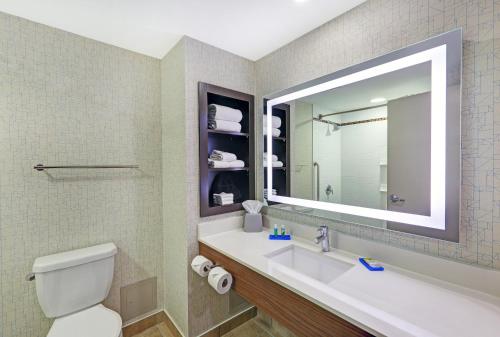 a bathroom with a sink and a mirror and a toilet at Holiday Inn Express & Suites - Woodstock, ON CANADA in Woodstock