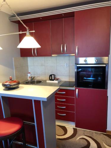 - une cuisine avec des placards rouges, un évier et une cuisinière dans l'établissement Studio Mišel 2, à Vrnjačka Banja