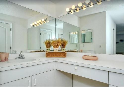 uma casa de banho com um lavatório e um espelho grande em Florida Vacation Condo em Sarasota