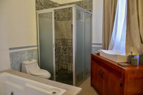 a bathroom with a shower and a toilet and a sink at Hotel Hacienda San Isidro in San Isidro Mazatepec