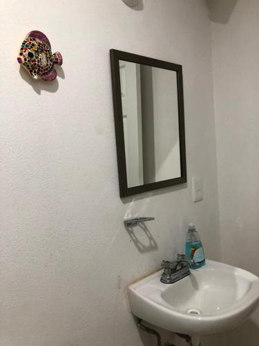 a bathroom with a sink and a mirror on the wall at Marina Diamante in Acapulco