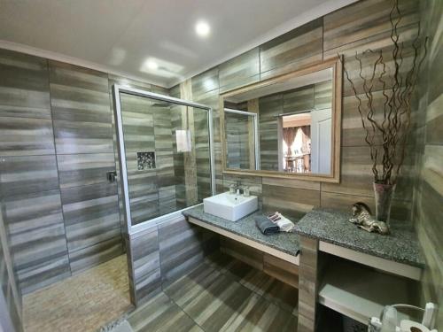 ein Bad mit einem Waschbecken und einem Spiegel in der Unterkunft Tehillah Guesthouse in Upington