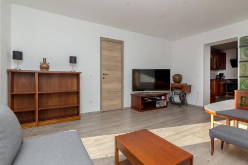 a living room with a couch and a flat screen tv at Old Mill House in Bohinj