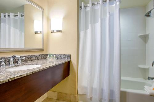a bathroom with a sink and a shower curtain at Holiday Inn Indianapolis North-Carmel by IHG in Carmel