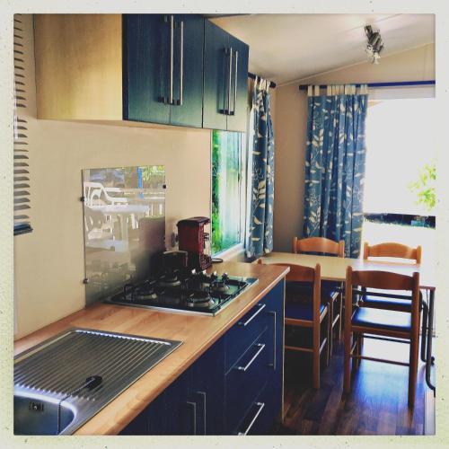 Il comprend une cuisine équipée d'une cuisinière. four supérieur à côté d'une table dans l'établissement Camping Barataud, à Saint-Denis-dʼOléron