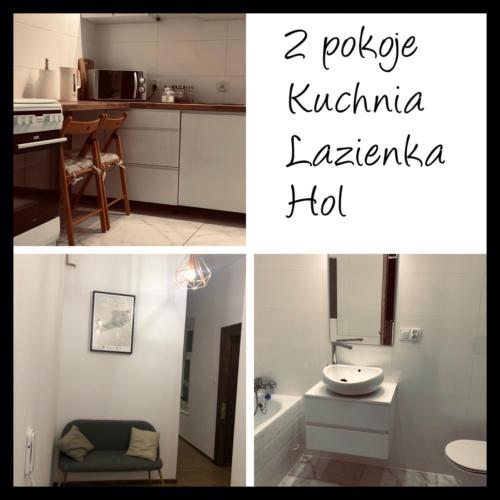 a collage of photos of a kitchen and a bathroom at Mazurska in Barczewo
