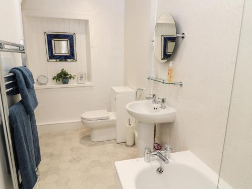 a bathroom with a sink and a toilet and a mirror at Little Robin - South Farm in Eshott
