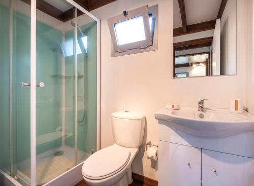 a bathroom with a toilet and a sink and a shower at Casa das Clivias in Ponta Delgada