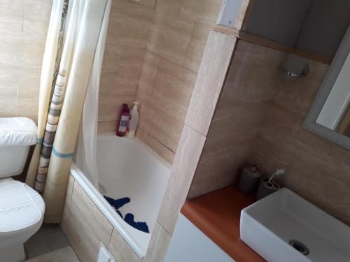 La salle de bains est pourvue d'une baignoire, de toilettes et d'un lavabo. dans l'établissement Descanso Sureño Hospedaje, à Valdivia
