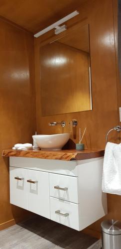 a bathroom with a white sink and a mirror at Cosy Cabin in the Paddocks - Breakfast Included in Franz Josef