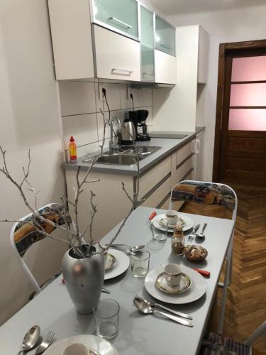 una cocina con una mesa con platos y utensilios. en Casa Weiss, en Sibiu