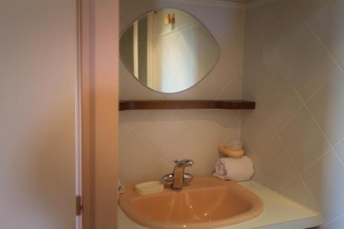 W łazience znajduje się umywalka i lustro. w obiekcie Le Bonheur dans le Pré w mieście Lucinges