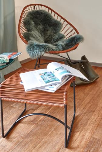 a dog sitting in a chair with a book at Just Eleven in Sankt Peter-Ording