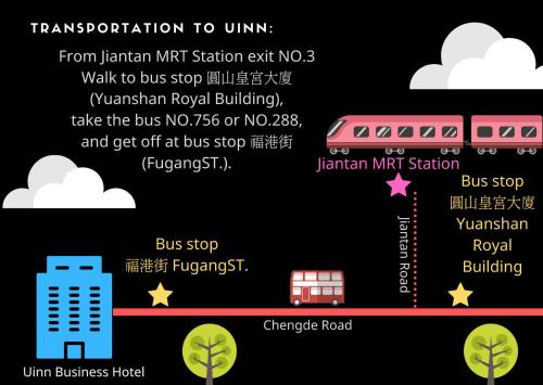 a flyer for a bus stop with a train and buildings at Uinn Business Hotel-Shihlin in Taipei