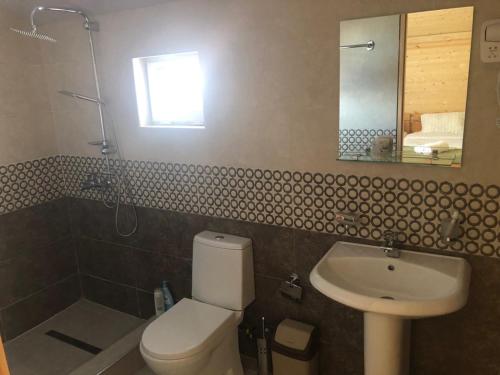 a bathroom with a toilet and a sink and a mirror at Cozy Place in Kazbegi in Stepantsminda