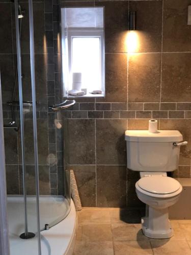 a bathroom with a toilet and a shower and a window at The Admiral Hornblower in Oakham