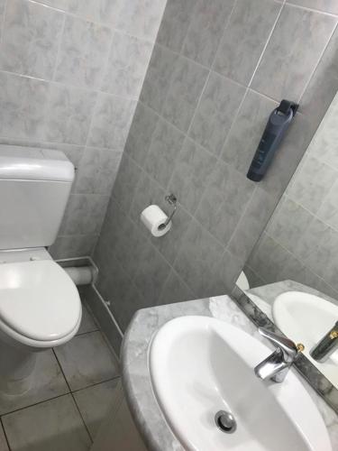 a bathroom with a white toilet and a sink at Hotel de Normandie in Gournay-en-Bray