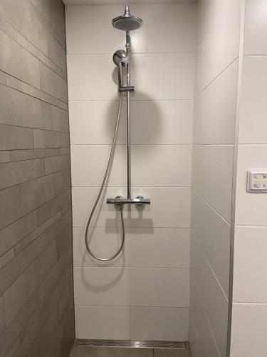 een douche met een douchekop in de badkamer bij Ons Pakhuisje Harlingen in Harlingen