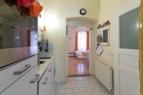 eine Küche mit einem Flur, der zum Wohnzimmer führt in der Unterkunft Central Garden Apartments in Wien