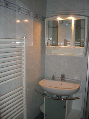 a bathroom with a sink and a mirror at BIO-Bauernhof Kurzeck in Göstling an der Ybbs