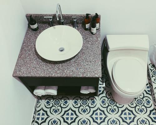 a bathroom with a sink and a toilet at Hacienda Escondida 10min to Airport in Alajuela City