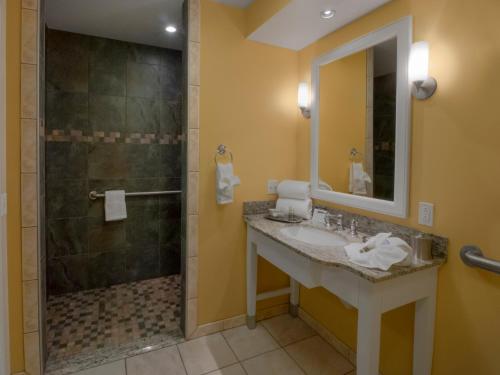 a bathroom with a sink and a mirror at Watkins Glen Harbor Hotel in Watkins Glen