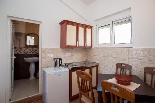 烏爾齊尼的住宿－Apartments Onyx，厨房配有冰箱和桌椅