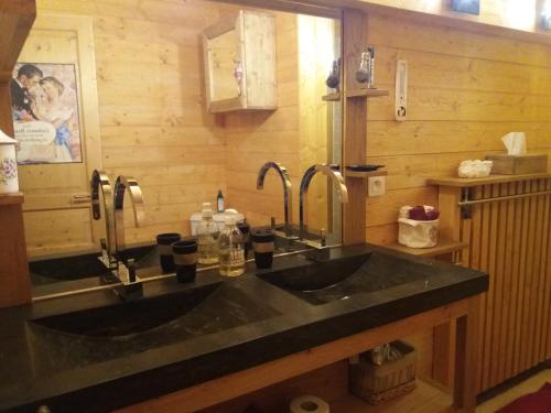 a bathroom with two sinks in a wooden wall at Chambres d’Hôtes les Hermines in Saint-Nicolas-la-Chapelle