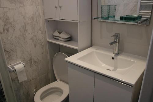 un piccolo bagno con lavandino e WC di COSY HOME APPART entre Paris et Disney Land a Fontenay-sous-Bois