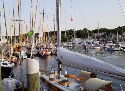 a bunch of boats docked in a harbor at Timbercliffe Cottage Inn in Camden