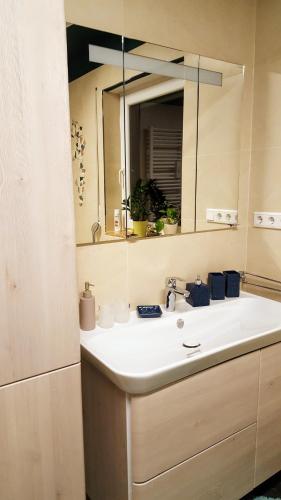 a bathroom with a sink and a mirror at Südländische Flair in Neubiberg