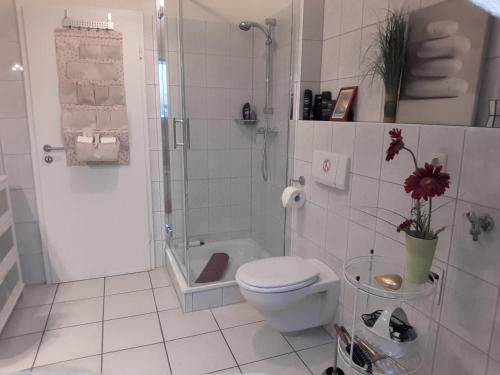 a white bathroom with a toilet and a shower at Ferienwohnung Wölfle in Friesenheim