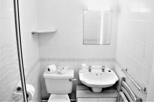 a white bathroom with a toilet and a sink at Serena Court Hotel in Skegness