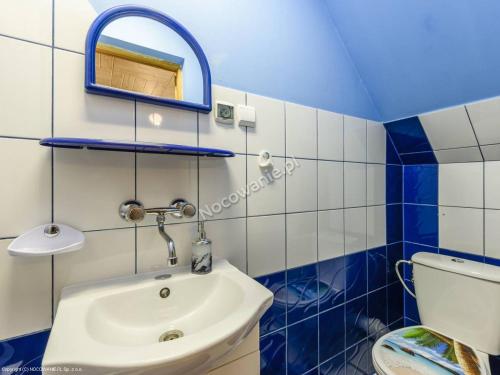 グリツァルフにあるNad Grapąの青と白のバスルーム(洗面台、トイレ付)