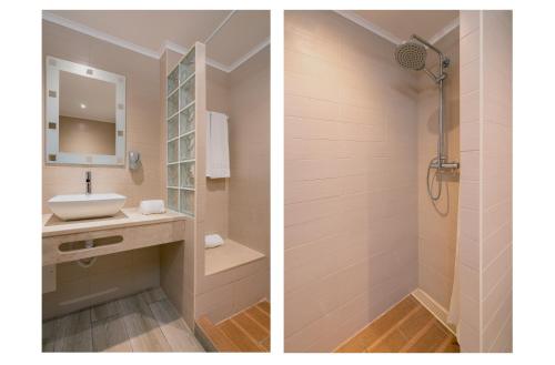 two pictures of a bathroom with a sink and a shower at Apartamentos Borda D´Agua in Albufeira