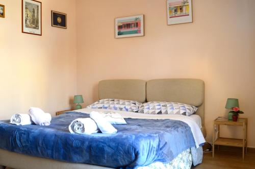 ナポリにあるTerrazza Eurialoのベッドルーム1室(青いシーツと白い枕のベッド1台付)
