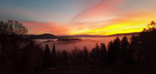a foggy sunrise in the mountains with trees at Parkhotel Smržovka in Smržovka