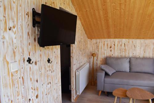 Una sala de estar con un sofá y un televisor de pantalla plana. en "La vieille Grange", au coeur de la nature, en Laveline-du-Houx