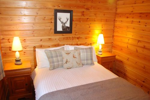 a bedroom with a bed with two lamps on tables at Cosy & compact Rowan Lodge no2 in Killin