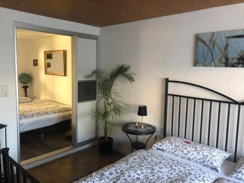 a bedroom with a bed and a plant and a mirror at Apartment Andy & Gabi in Neuhausen auf den Fildern