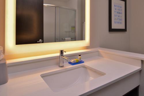 La salle de bains est pourvue d'un lavabo blanc et d'un miroir. dans l'établissement Holiday Inn Express & Suites - Olathe West, an IHG Hotel, à Olathe