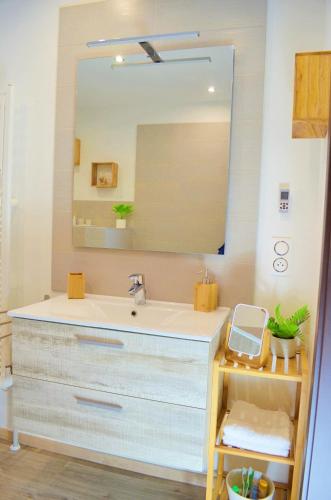 une salle de bain avec un lavabo et un miroir dans l'établissement Le temps d'un rêve, prestige, détente au centre ville., à Molsheim