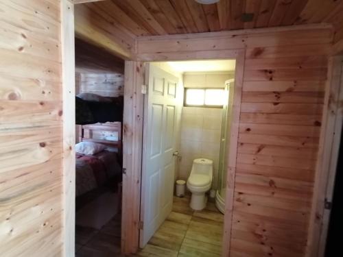 Baño pequeño con aseo en una casa de madera en Cabaña sol y luna en El Quisco