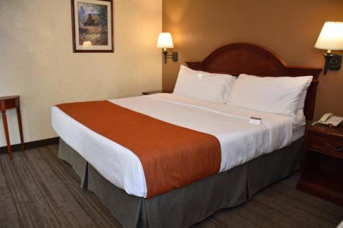 a hotel room with a large bed and a phone at Dynasty Suites Redlands in Redlands